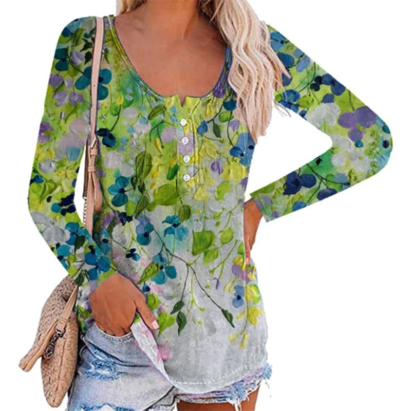 

T-Shirt Blouse Women Spring SummerPrinting O-neck Blouse Sleeve Casual Hem Female Fashion T-shirt Tops Plus Size Ropa