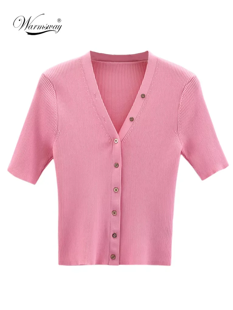 

Single Breasted V Neck Knitwear With Button Women Retro Summer Short Sleeve Knit Cardigan Thin Top B-127