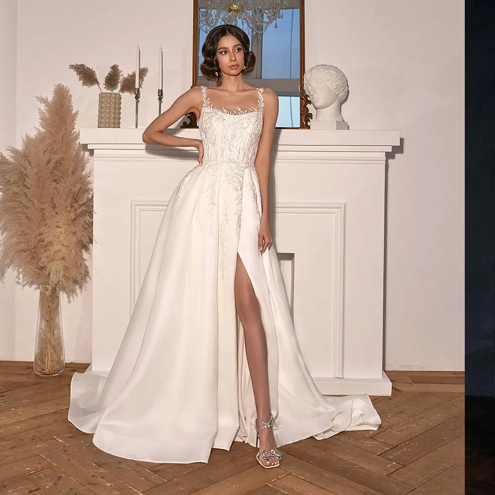 

Robe Mariage Off the Shoulder Slit Skirt Wedding Dress Sequined Appliques Elegant Vestidos De Novia Backless Strap Chic Gelinlik