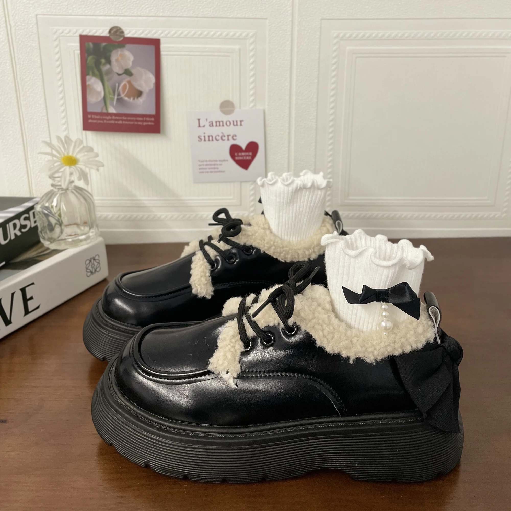 

Женские ботинки, зимние меховые полусапожки, теплые короткие плюшевые ботинки на платформе, обувь в стиле "Лолита" для девочек, винтажная яп...