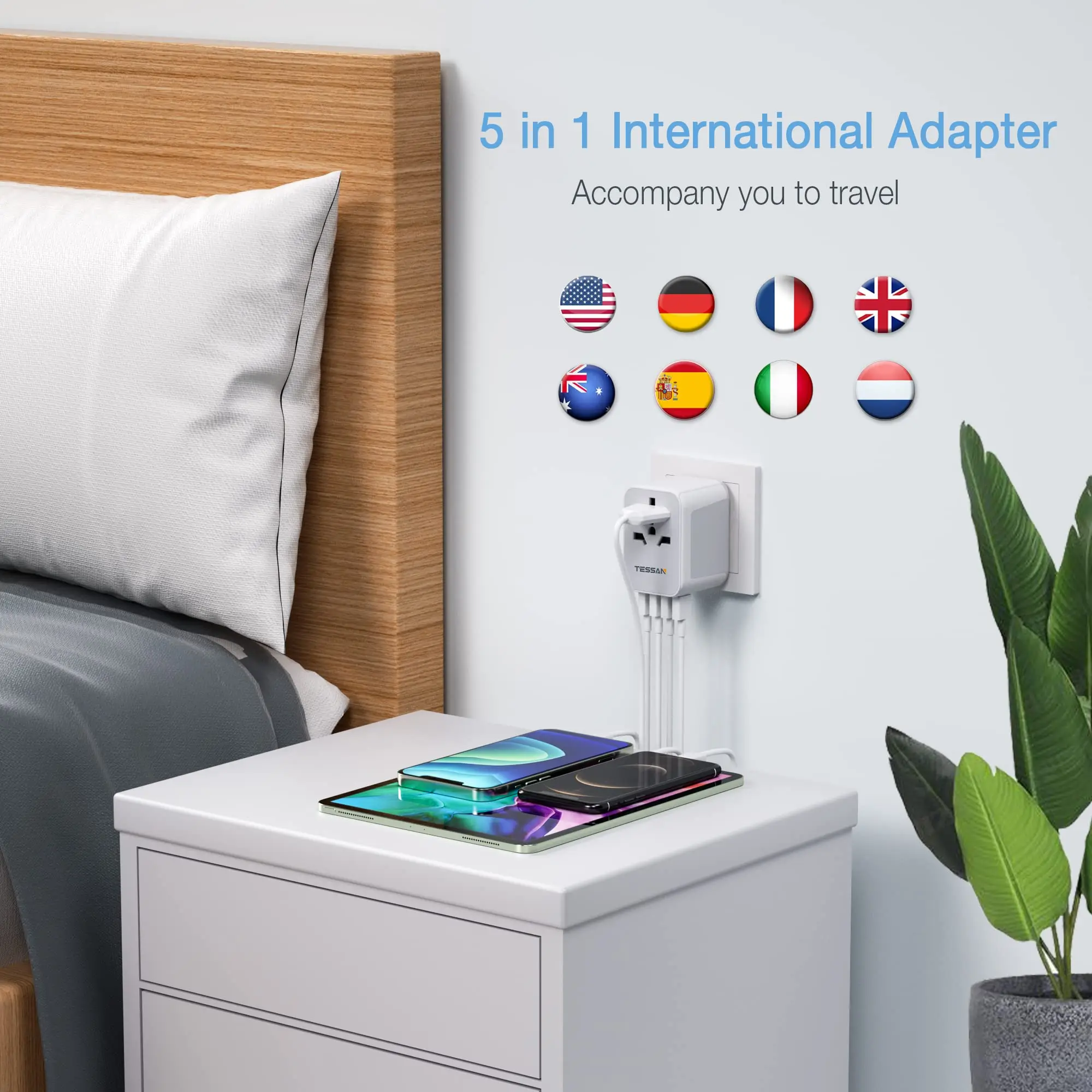 Универсальный дорожный адаптер TESSAN переходник с международной вилкой настенный