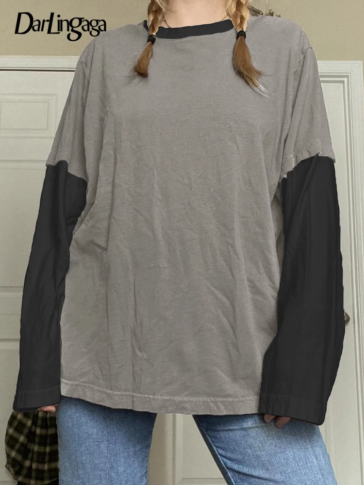 

Darlingaga Patched Spring Autumn Oversized T-shirts Tops Harajuku Loose Contrast Long Sleeve Pullover Preppy Basic Tee Shirts