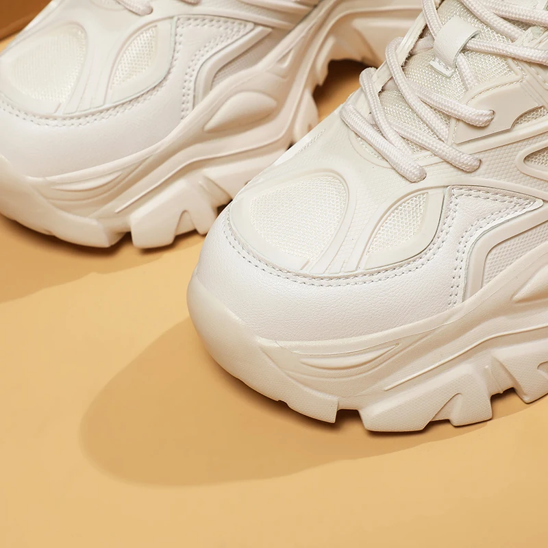 2023 Women's Black Chunky Sneakers Breathable Platform Sports Shoes Woman Lace Up Thick Sole Casual Shoes Zapatillas Mujer Beige