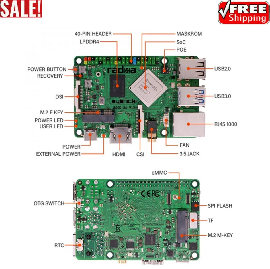 

ROCK PI 3A 2/4/8GB SBC Rockchip RK3568 Single Board Computer Support Coral TPU