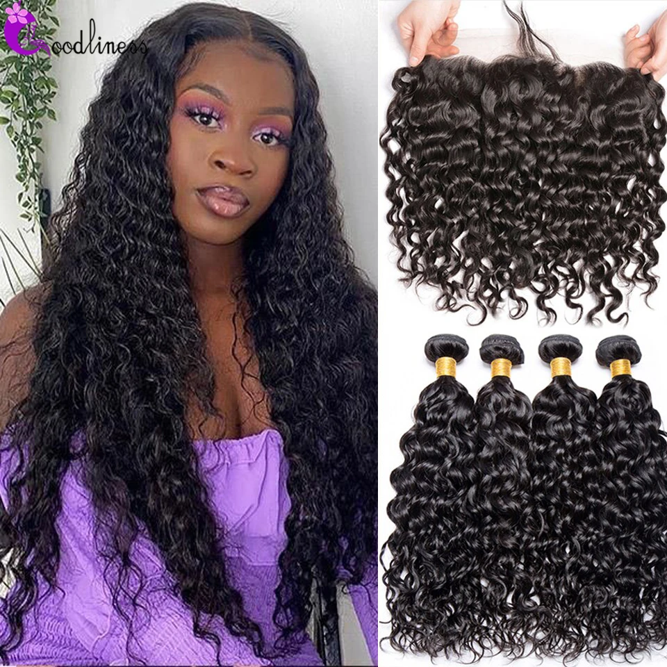 

Water Wave Bundles With Frontal 13x4 Lace Front Remy Wet and Wavy Virgin Curly Hair Peruvian Natural Black Bundles With Closure