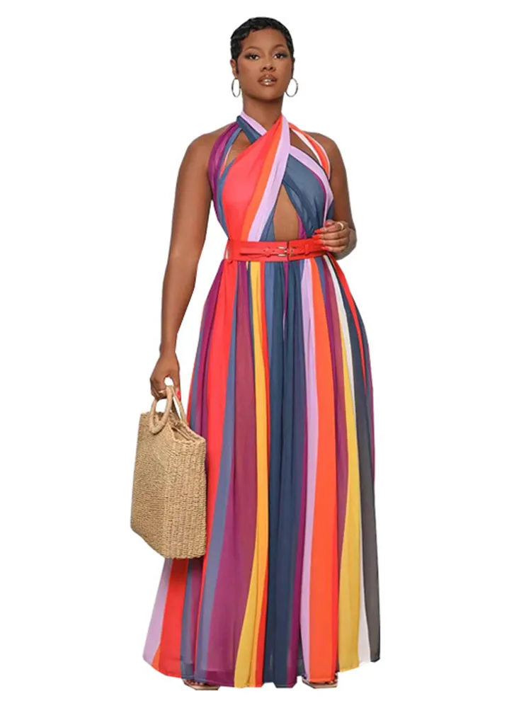 

Sexy Criss-Cross Striped Prom Halter Dresses Long Luxury Night Club Evening Gowns For Women Party Clubwear Backless Maxi Dress