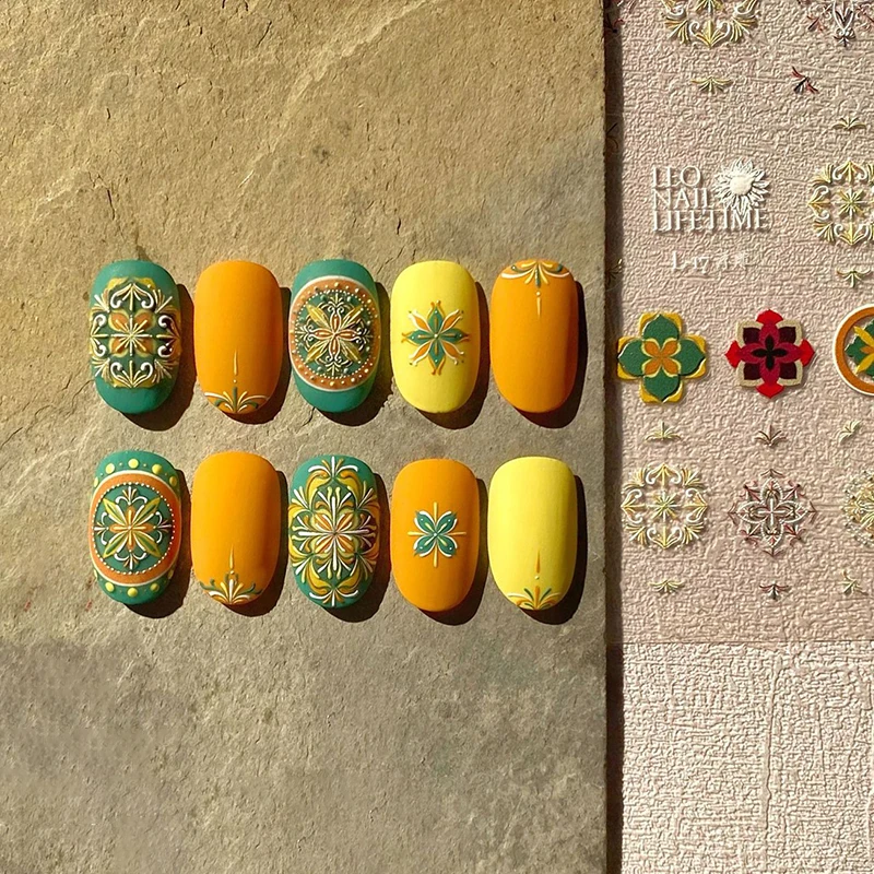 

Национальный богемный цветной тотемы деликатный 5D мягкий рельефный самоклеящийся стикер для ногтей ручная роспись Маникюр переводка сделай сам