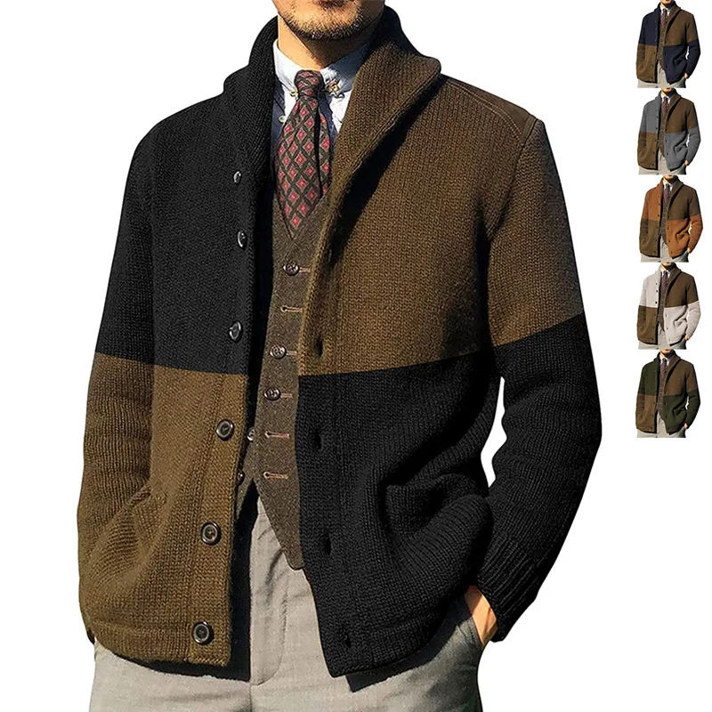 

Men Sweater Cardigans Knitted Long Sleeve Autumn Male Bussiness Patchwork Turtleneck Cardigan Sweaters Single Breasted Lapel