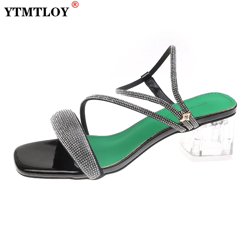 

New Rhinestone Chunky Heels Sandals Fine Heel Sandals Women Crystal Peep Toe Sandals Tie with Diamond High Heels