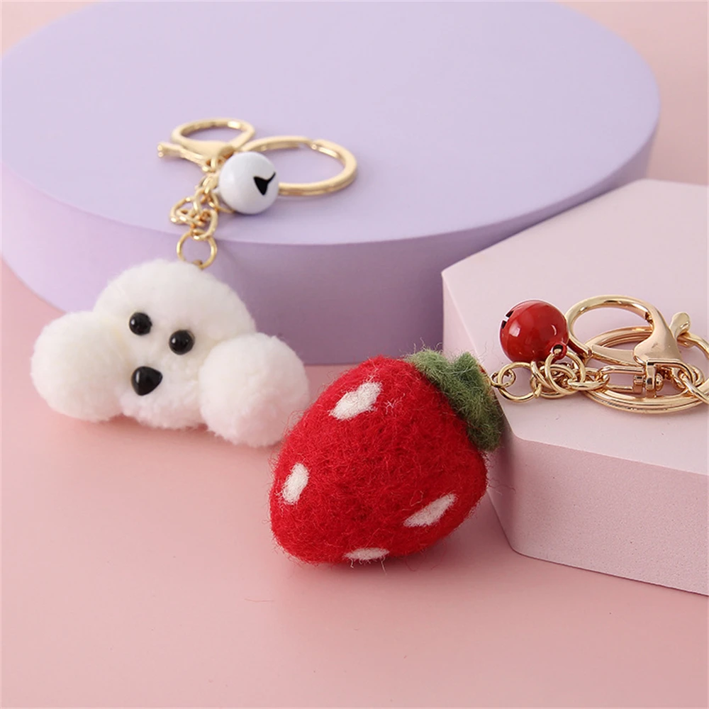 

Cute Wool Rabbit Teddy Strawberry Keychain Charms Creative Cartoon Doll Car Keyring Pendant Women Bag Ornaments Accessories