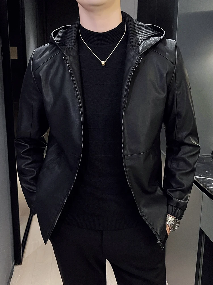 American Autumn New Hood Leather Men's Coat Hooded PU Jacket Casual All-matching Fleece-lined Motorcycle Clothing