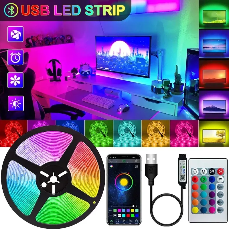 

USB LED Strip Lights Bluetooth RGB DC5V Flexible 5M Lamp Tape SMD5050 TV Desktop Screen Backlight LED Lights Room Decoration