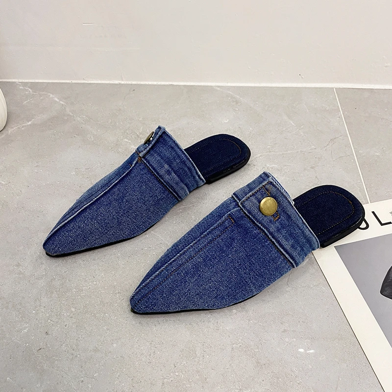 

Blue Denim Cloth Slippers Pointed Toe Outdoor Slides Slingback Mules Slip on Flats Simple Women Shoes Zapatillas Mujer