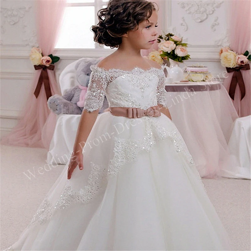 

Flower Girl Dresses for Wedding Party Appliques Sequin Half Sleeve Floor-Length Ball Gown Bow Belt Robe Princesse Fille Vestidos