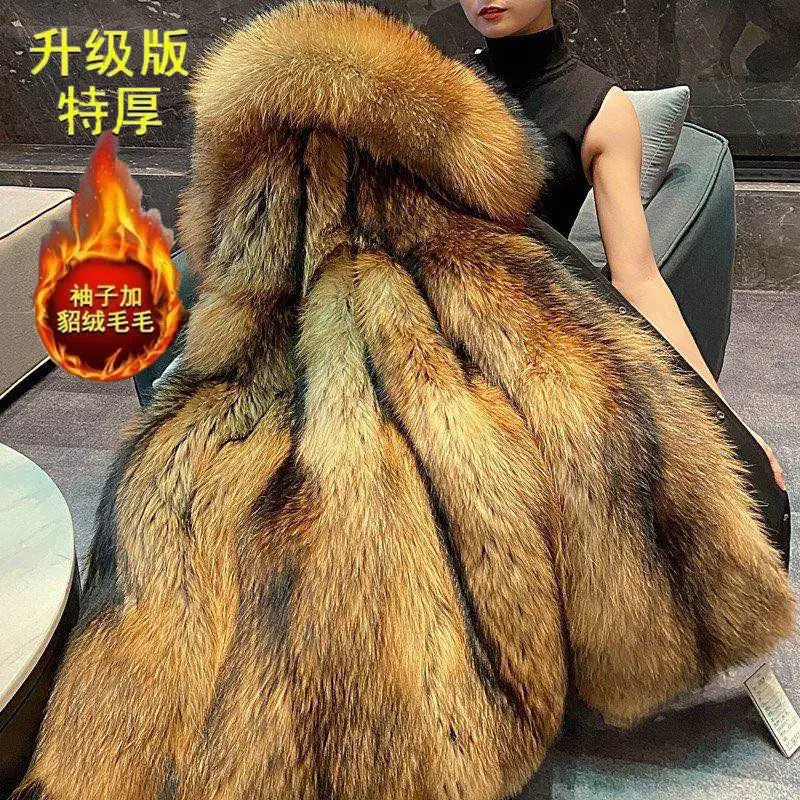 New Winter Ladies Casual Fashion Cotton Clothing Long Women's Disassembled Raccoon Fur Thick Big Size Coat