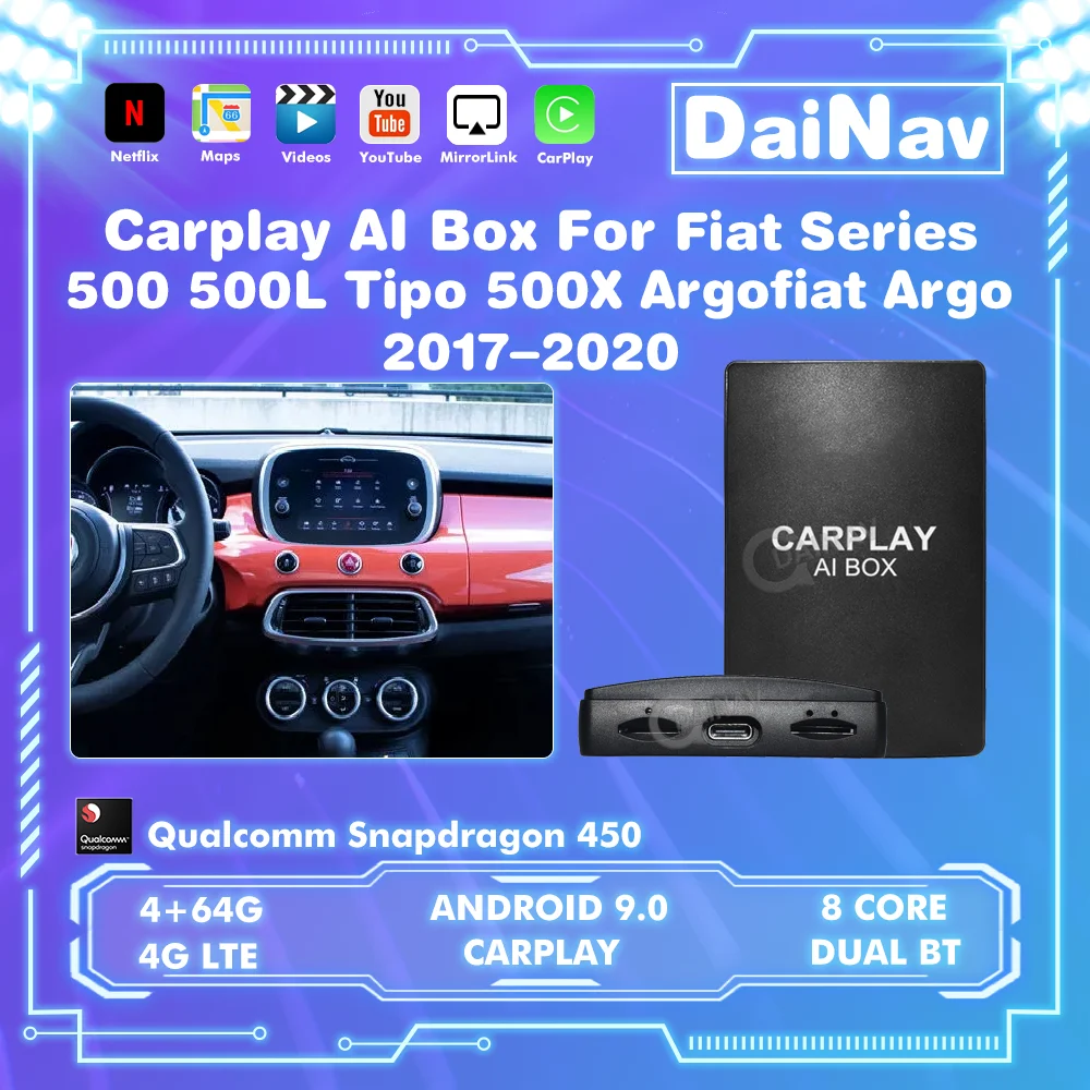 

Video Ai Box Wireless CarPlay For Fiat 500 500L Tipo 500X Argofiat Argo Android Youtube Car Multimedia Player steaming box