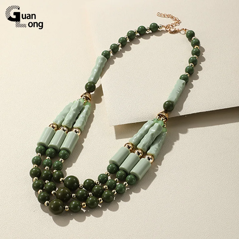 

GuanLong New Trendy Multilayer Chain Bohemia Necklace for Women Long Big Beaded Necklace Beads Vintage Resin Collar Boho Jewelry