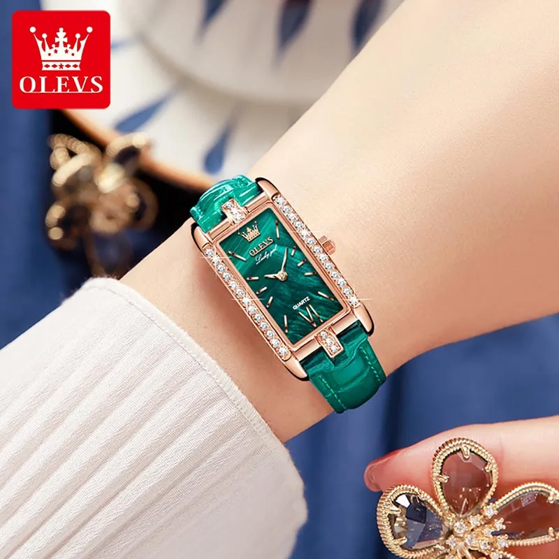 OLEVS 2023 New High Quality Classic Vintage Women Belt Quartz Square Green Quartz Watch Luxury Womens Watches Waterproof 6623