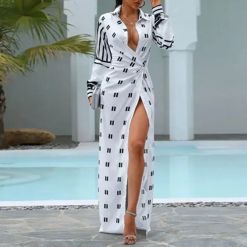 

2022 Autumn Winter New Women's Clothing Elegant Sexy Print Deep V Slit Long Sleeve Dress Long Maxi Dress