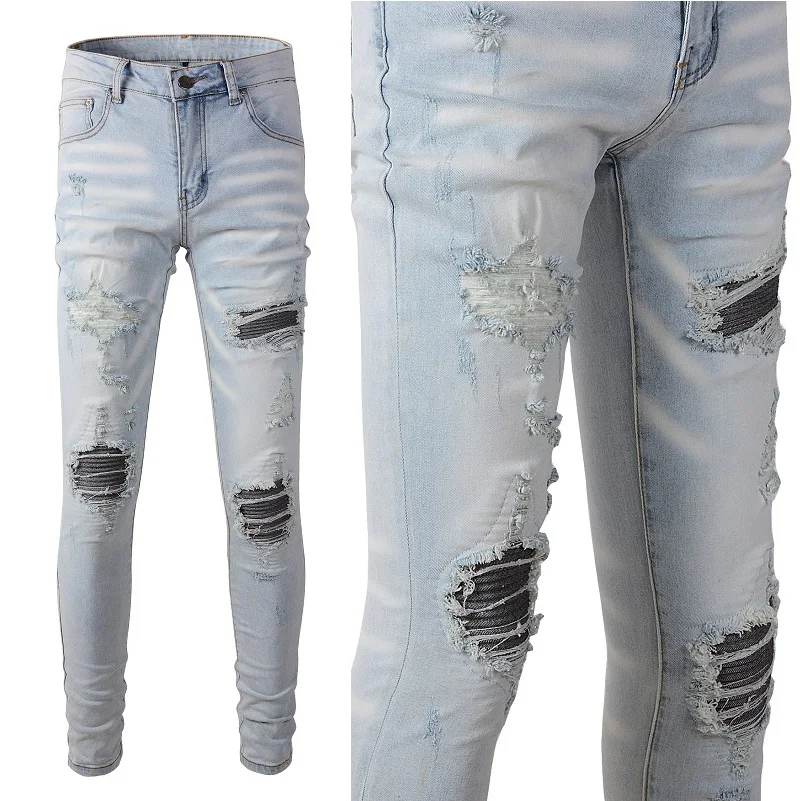 

New Mens #A699 Distressed Grey ribs Patchworks Ripped Patches Hollow out Light Blue Washed Slim Stretch Destroyed Jeans W28-40