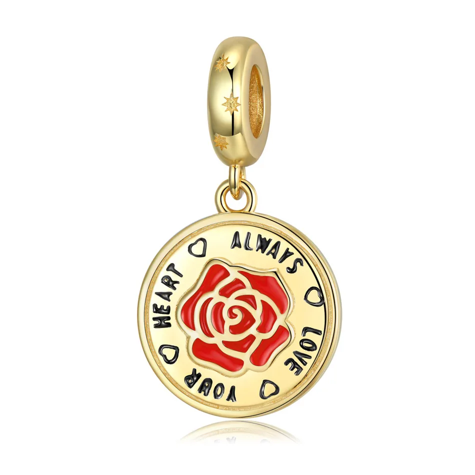 

Gold Plated Love Heart Rose Dangle Charm fit Women Bracelet Necklace Lady Girl DIY Jewelry Gift S925 Sterling Silver Bead