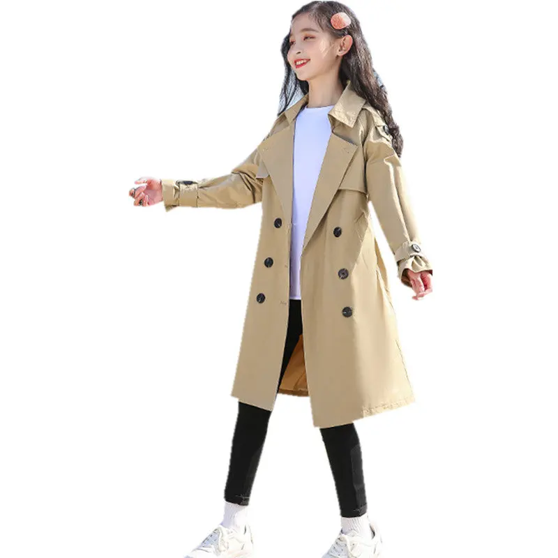 

Модный демисезонный Тренч для маленьких девочек, двубортная куртка для девочек, одежда для девочек, однотонные топы, Детская ветровка, верхняя одежда для подростков