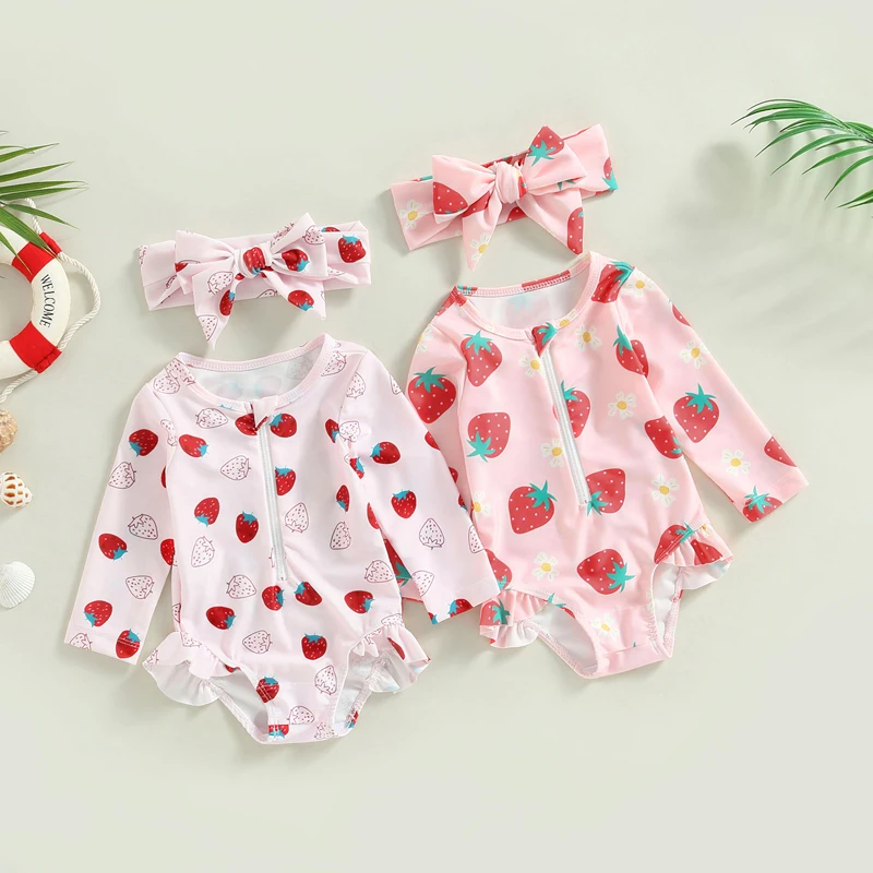 

Toddler Baby Girl Swimsuits 0-3Y Long Sleeve Strawberry Print Zipper Jumpsuit Swimwear Headband Beachwear