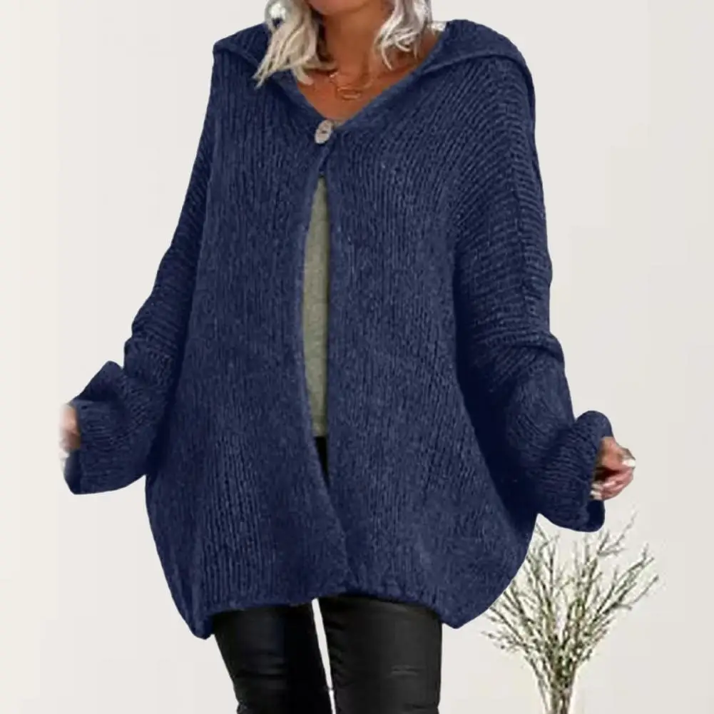 

Однотонный теплый трикотажный свитер средней длины на одной пуговице с капюшоном Осень-Зима Свободный свитер с длинным рукавом «летучая мы...