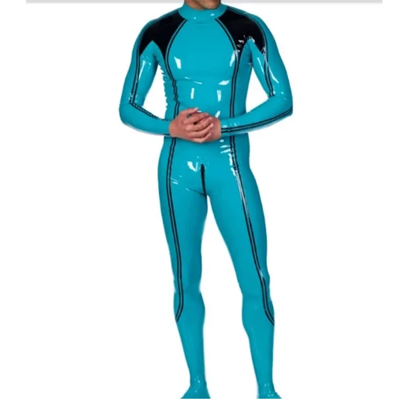 

Handmade Men Latex Bodysuit Rubber Cosplay Rot Catsuit Lake Blue with Back Crotch Zip Cosplay Costumes （No Socks)