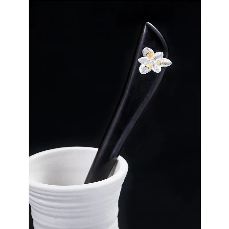 

S925 Silver Hair Stick Female Chinese Ethnic Style Ancient Costume Hanfu Retro Nine-petal Flower Wooden Hairpin for Women
