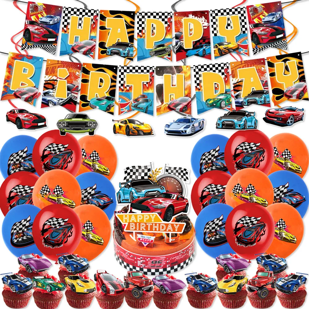 

Racing Disposable Birthday Party Decoration Banner Balloon Cake Insert Spiral Baby Shower 1 Year Old Shower Set Supplies