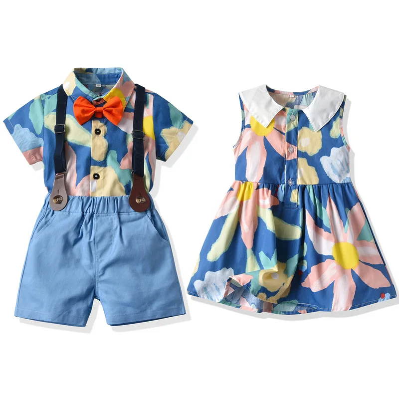 Cute Kids Floral Brother Sister Matching Outfits Baby Boy Gentleman Clothes Girls Dress Summer Holiday Family  Outfit