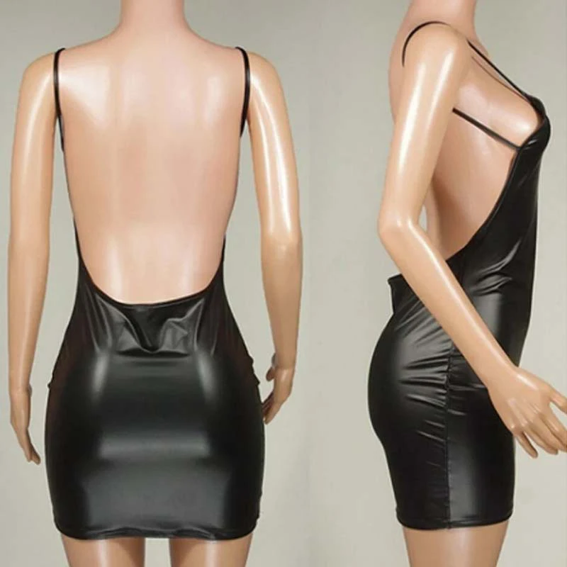 Sexy Kunstleder Kleid rücken frei Club Party kurzes solide schwarz nass aussehen Latex Bodycon Push-up-BH Mini-Mikro kleid