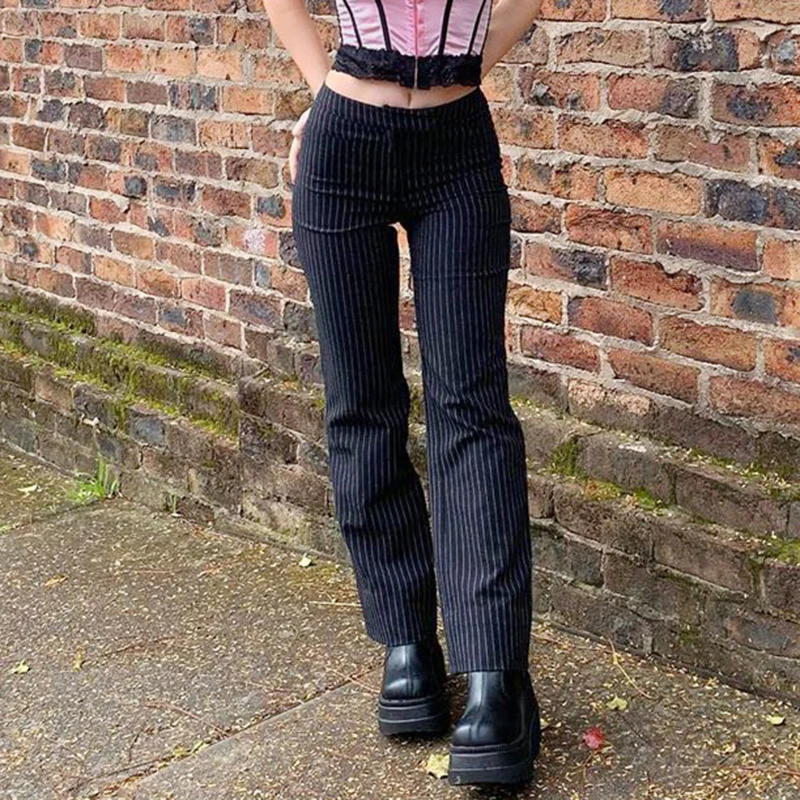 

Striped Pants Women Y2K Fashion All-match Casual Gothic High-waist Straight-leg Pants Street Clothing Korean Trousers 2021 New