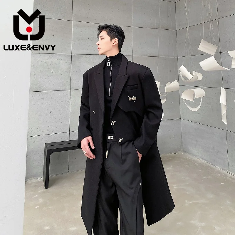 

Мужское шерстяное пальто люкс & ENVY, Трендовое пальто средней длины с двумя лацканами и металлическими пуговицами, корейское пальто, Осень-зима 2023