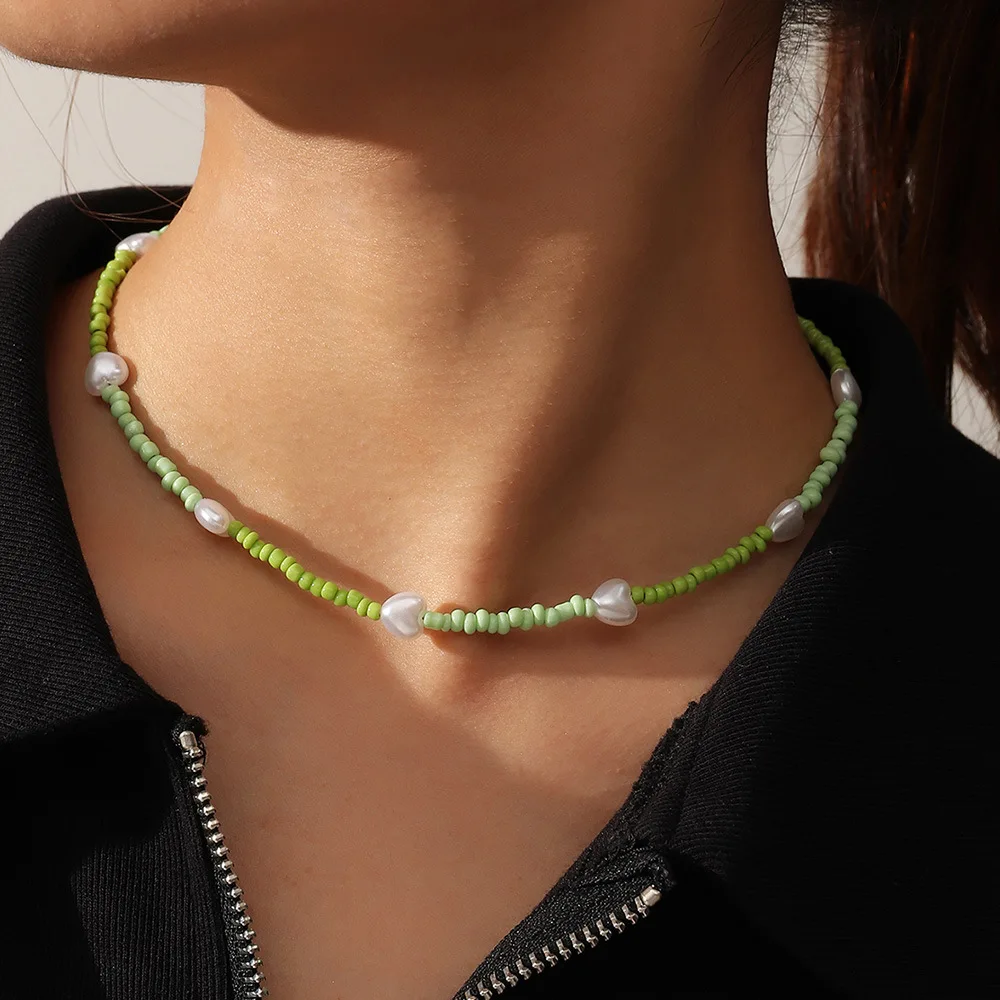 Fresh girl sweet green hand-woven bead necklace love pearl necklace