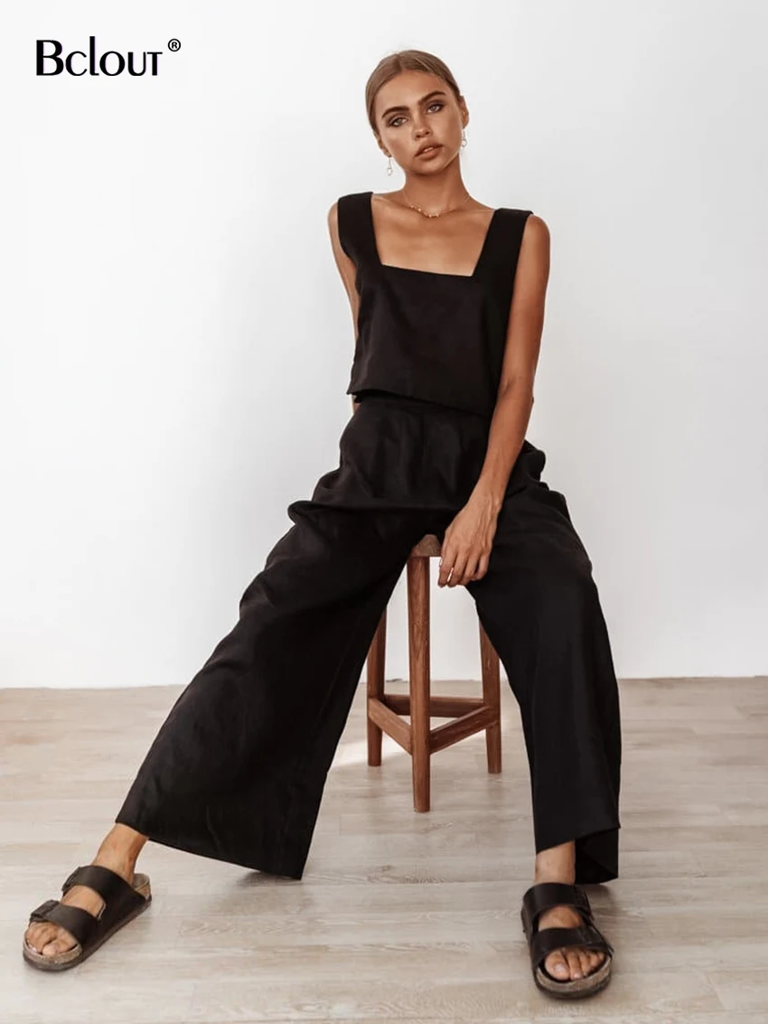 

Bclout Linen Pants Set Woman 2 Pieces Summer Square Collar Backless Tank Top Casual Elastic Waist Long Pants Suit Women Vacation
