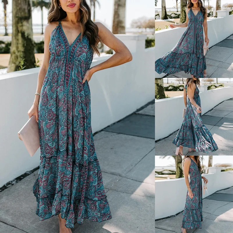 

ASDS-Women Print Backless Maxi Dress Sleeveless V Neck Long Sexy Bohemian Dress Spaghetti Strap Vintage Beach Dresses