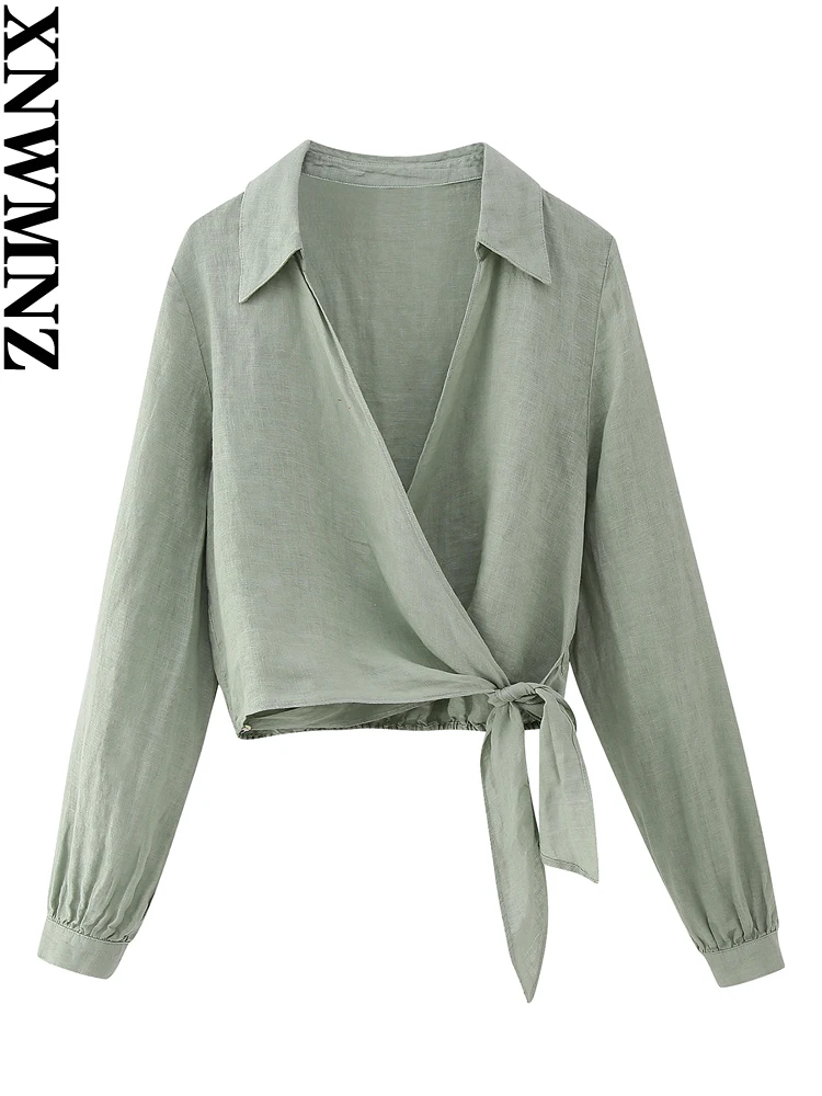 

XNWMNZ Women Fashion New Crop Linen Blend Knot Shirt Woman Casual Lapel Long Sleeve Top Female Chic Blouse