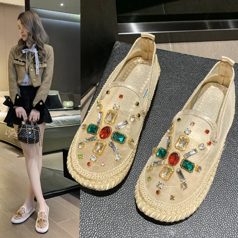 

Summer Women Flat Shoes Fashion Casual Crystal Fisherman's Shoes 2023 New Korean Round Toe Mesh Hollow Comfortable Slip on Shoes