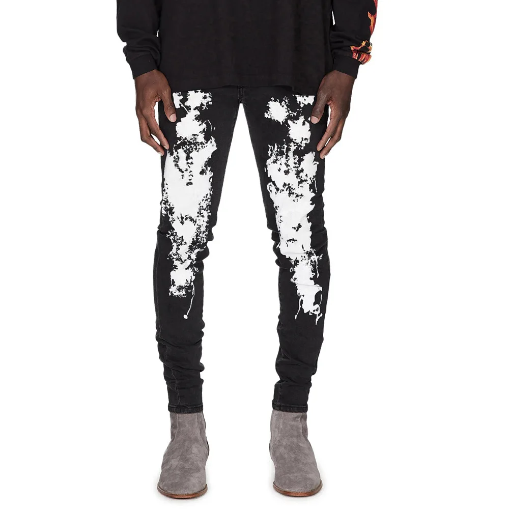 Size 28-36 Black Printed Mens Jeans Fashion Slim Elastic Pantalones Hombre Streetwear Men Full Length Denim Trousers