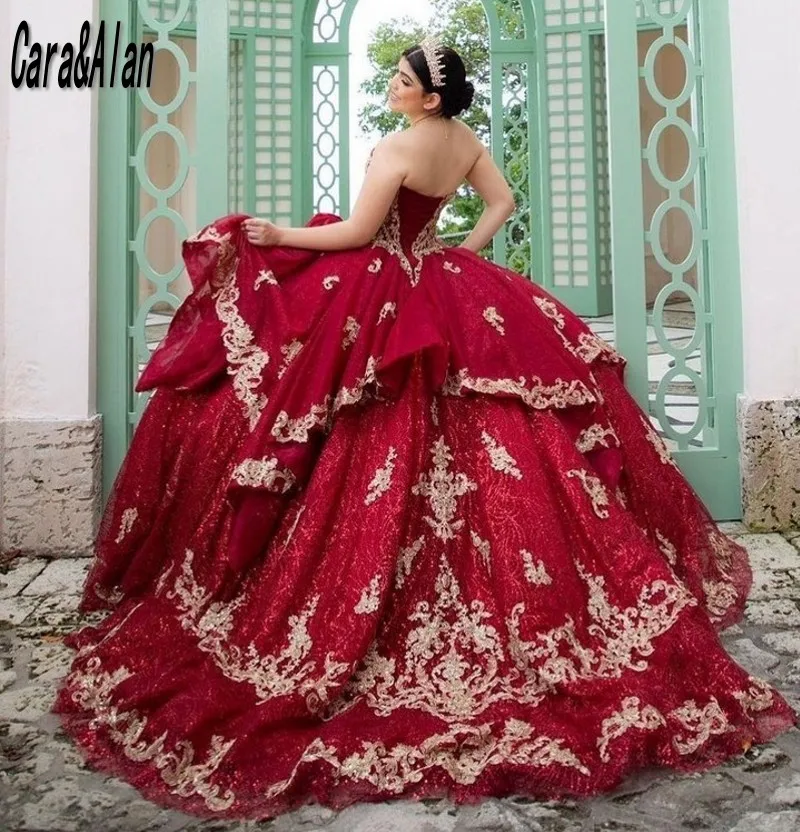 

Cara&Alan Burgundy Quinceanera Dresses Sweetheart Sequin Lace Applique Sweet 15 Pageant Gowns Sequin Vestidos de XV años