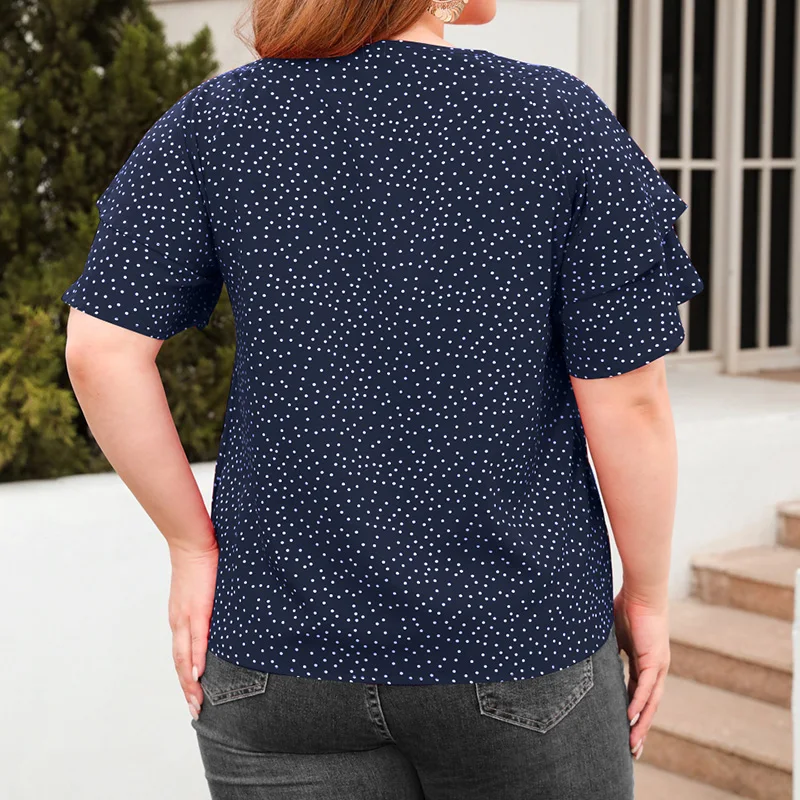 Street Fashion Polka Dot Loose T-Shirt Four Colors Summer Plus Size Clothes O-Neck Patchwork Ruffles Short Sleeve Women's Top