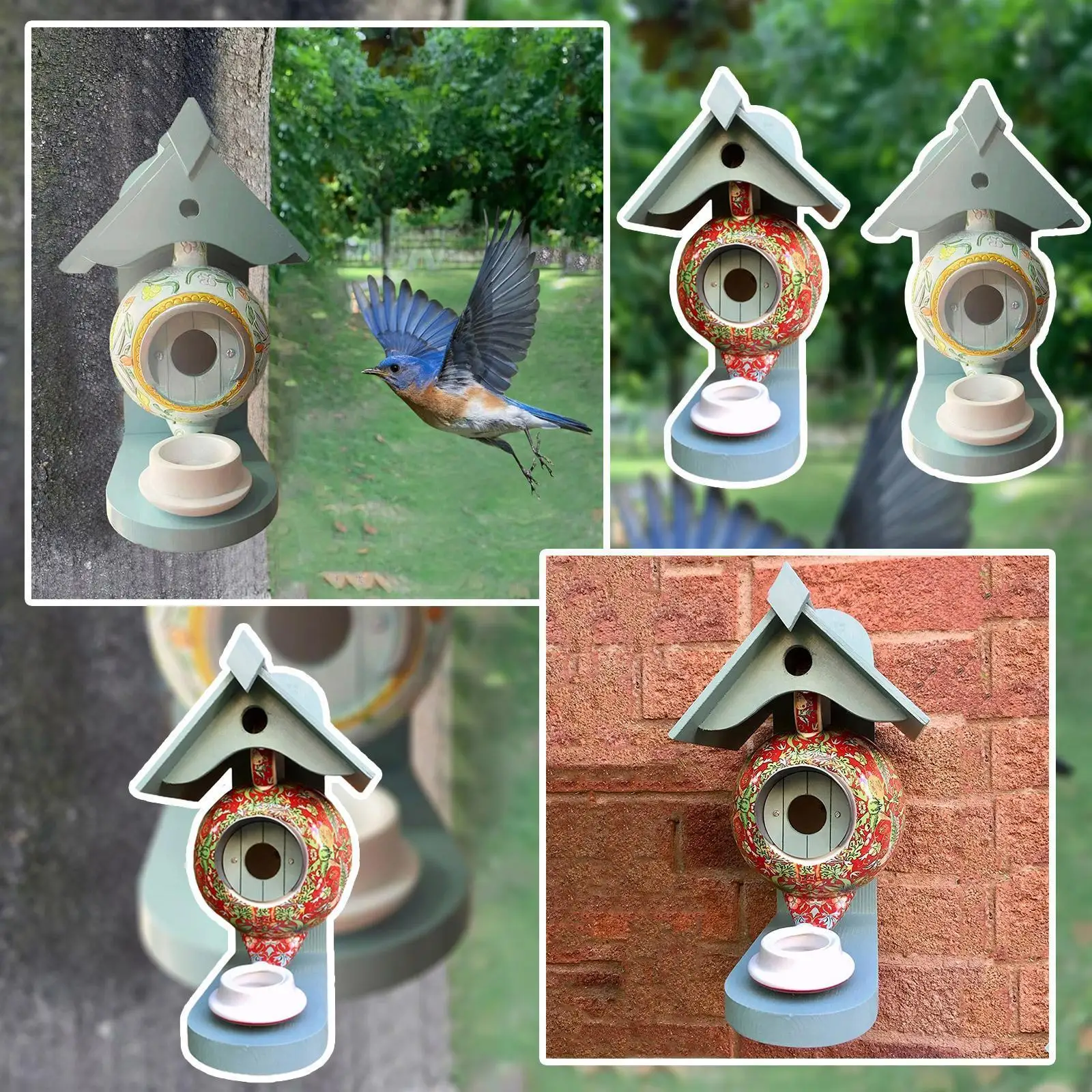 

Wooden Cute Hand Painted Teapot Bird House Feeder Outdoor Drinker Feeder Supplies Hummingbird Garden Hanging Pet Bowls Hook G0Q5