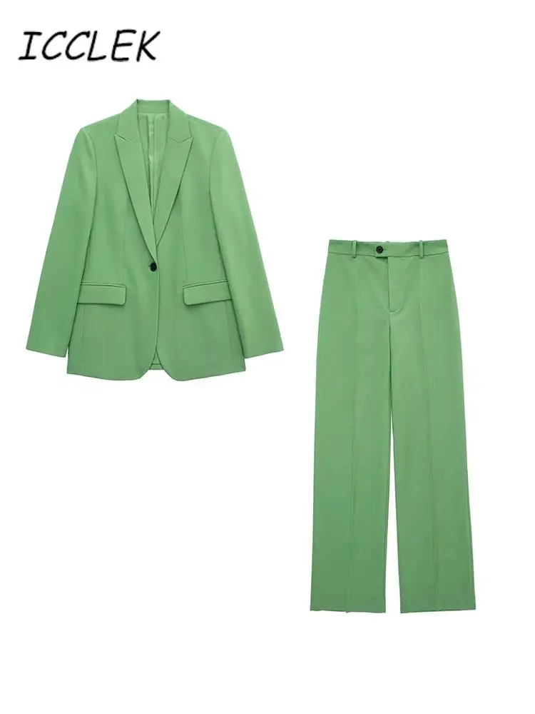 

2023 New Women's Chic Pantsuit Pocket Solid Blazer Suit Jacket Zatr Casual Female Blazer High Waist Pant Suit Office Lady Sets