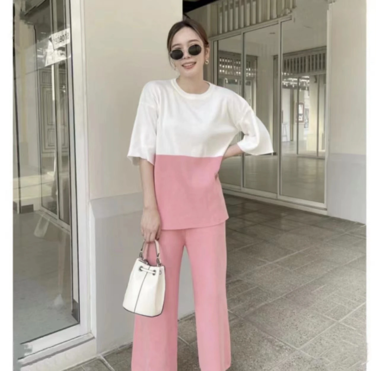

New Summer Casual 2 piece sets womens outfits Knitted Contrast Color Pullover Tops + Wide Leg Pants Suits Women's Tracksuit