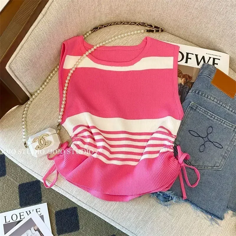 2024 летняя новая модная повседневная полосатая рубашка с завязками на талии и