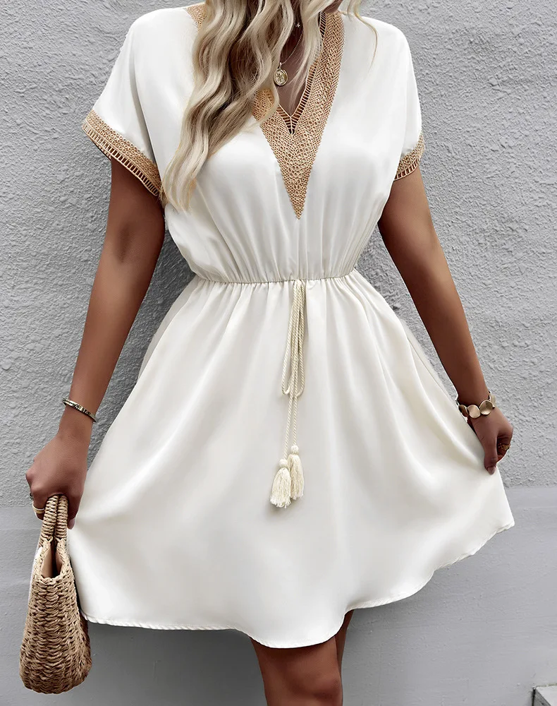 

Dress For Women 2023 Short Sleeve Solid Midi-dress V-neck Loose-fit Patchwork Dresses Drawstring High Waist Female Clothing