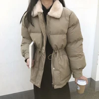 female drawstring waist coats new winter korean elegant thick cotton coat womens outerwear faux rabbit fur lapel warm jackets