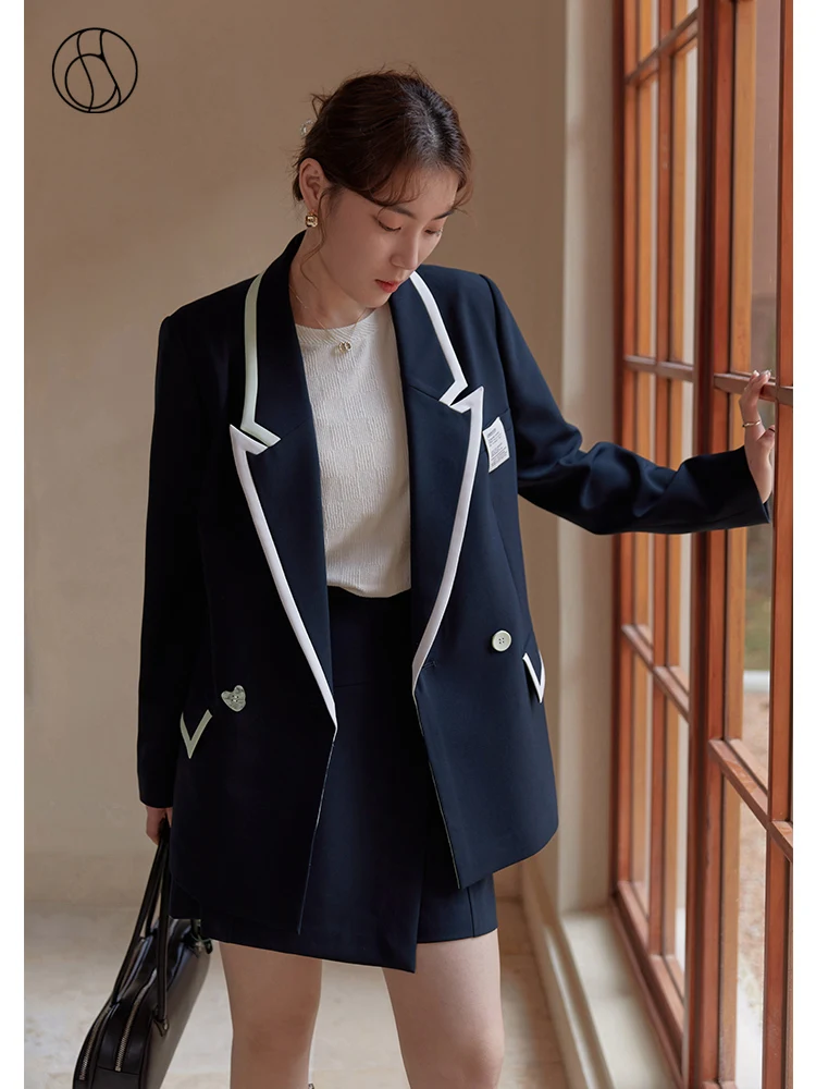 

DUSHU Slightly Fat Lady Suit Collar Full Regular Sleeve Blazers Loose Straight Suit Hakama Suit Office Lady Contrast Design Suit